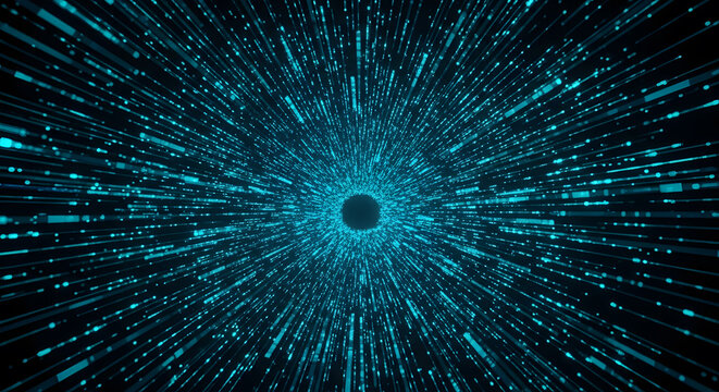 Abstract data tunnel with glowing particles and fast-moving information lines, representing big data. Photorealistic, HD.
