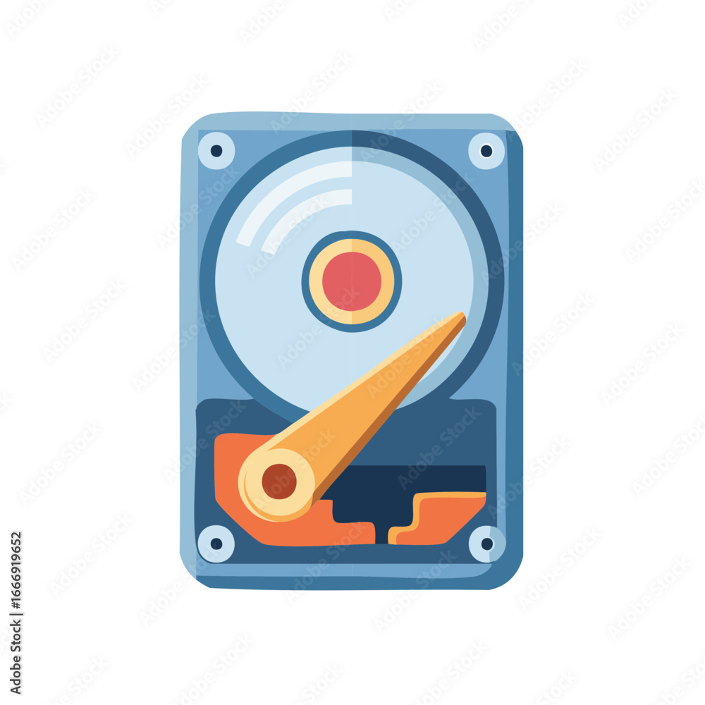 Poster internal computer hard drive with read head depicted in vector illustration style