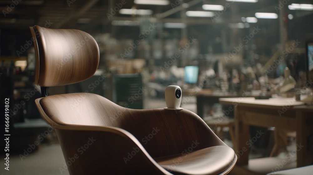 Poster Medium shot of a polished wooden chair with a temperature sensor visible near the base background out of focus to emphasize precise climate monitoring for material preservation.
