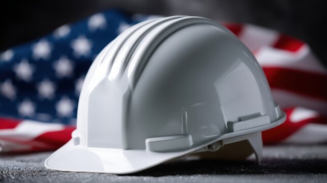 A white hard hat rests on a textured surface next to the American flag, symbolizing safety, construction, and national pride during project preparations