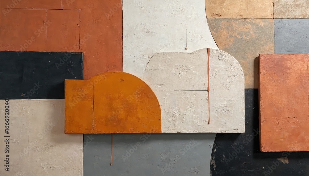 Poster abstract geometric painting features overlapping panels with varied multicolored textures. bold colo