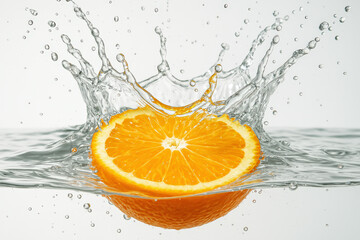 Orange half hits water surface, sending droplets flying in a clean white background