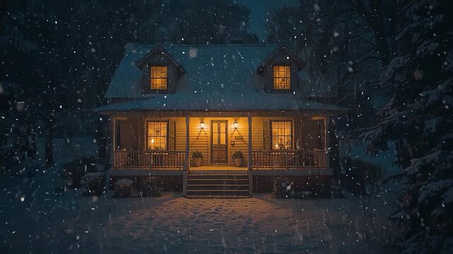 Snowy winter night drone footage of a warmly lit house glowing with golden lights in 4K