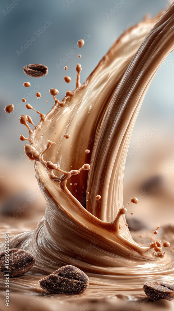 Poster smooth chocolate splashes upward with dynamic waves, highlighting rich texture and flowing motion wh