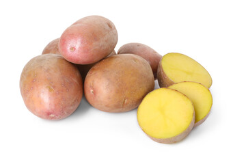 Whole and cut fresh potatoes isolated on white