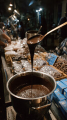 Rich dark chocolate flows from a wooden spoon above a pot, surrounded by an array of packaged sweets and confections at a bustling market