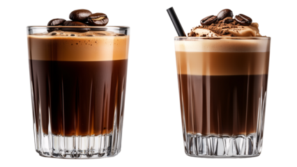 set of Creamy espresso coffee martini in a stemmed glass, topped with three coffee beans isolated on transparent background	