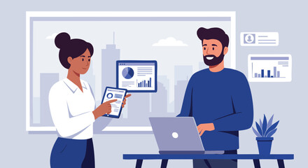 Business colleagues collaborating with charts and laptop in modern office environment 