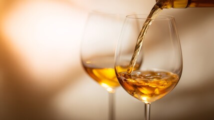 White wine being poured into a glass, with another glass partially filled in the background.