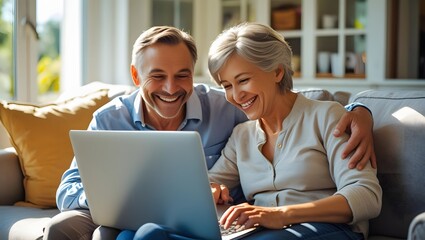 Contented Couple's Digital Embrace: An embracing senior couple beams as they share a heartwarming moment together, connecting and experiencing the digital world on their laptop.