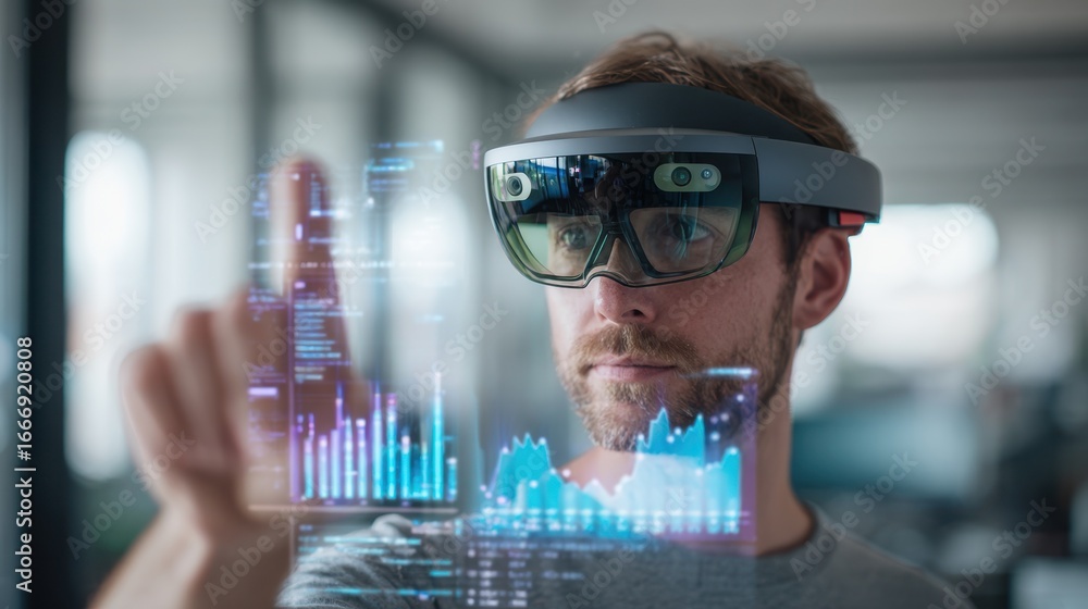 Poster medium shot of a person wearing augmented reality headset interacting with floating digital charts b