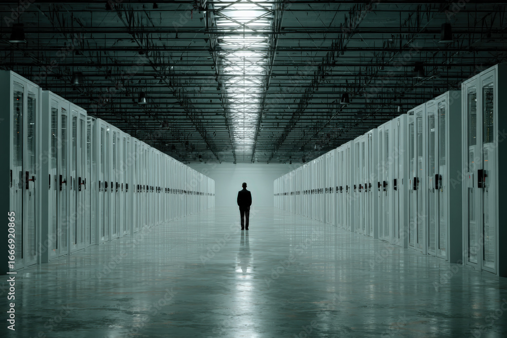 Poster a solitary person stands in a vast, empty data center, surrounded by rows of server cabinets, creati