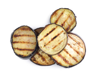 Grilled slices of eggplant isolated on white, top view