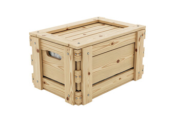 A light beige wooden crate with a hinged lid, showcasing intricate construction details and a simple, practical design.