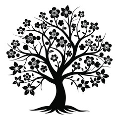 Obraz premium Black and White Floral Tree Silhouette With Detailed Flowers, Branches, and Root System Artwork