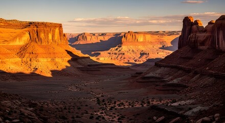 Wide desert canyon landscape with rock formations