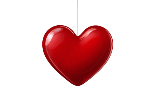 Shiny Red Heart Hanging, Isolated on White Transparent Background