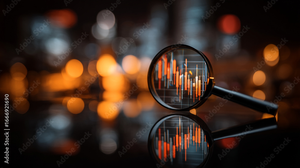 Poster a magnifying glass focusing on a stock chart with blurred lights in the background on a dark surface