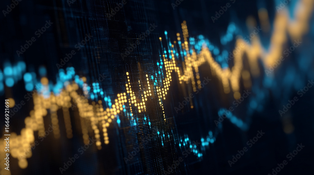 Poster abstract representation of financial data with yellow and blue lines on a dark background