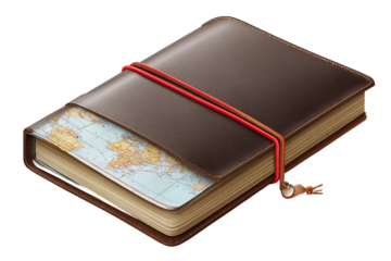 Leather Bound Journal with World Map and Red Elastic Band, isolated on white transparent background