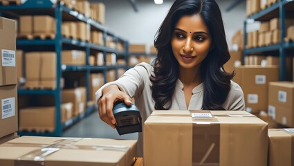 Warehouse efficiency: A diligent woman employs advanced technology within a spacious warehouse, efficiently managing inventory and shipping.