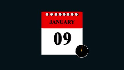 January month 09 date calendar icon animation. Analog calendar design month video ,January 09th. calendar until January 09th, concept animation 4k