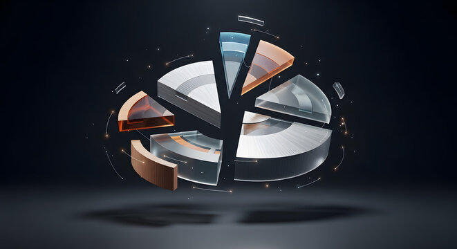 Deconstructed pie chart without names or symbols, with floating elements, representing market analysis and consumer trends. Photorealistic, HD.
