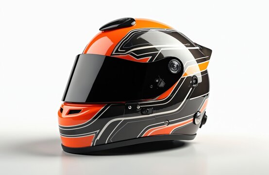 Sleek racing helmet, vibrant orange, black design, ready for track. Motorsport gear offers advanced safety, aerodynamic performance, durability with high-quality craftsmanship. Ideal for racing