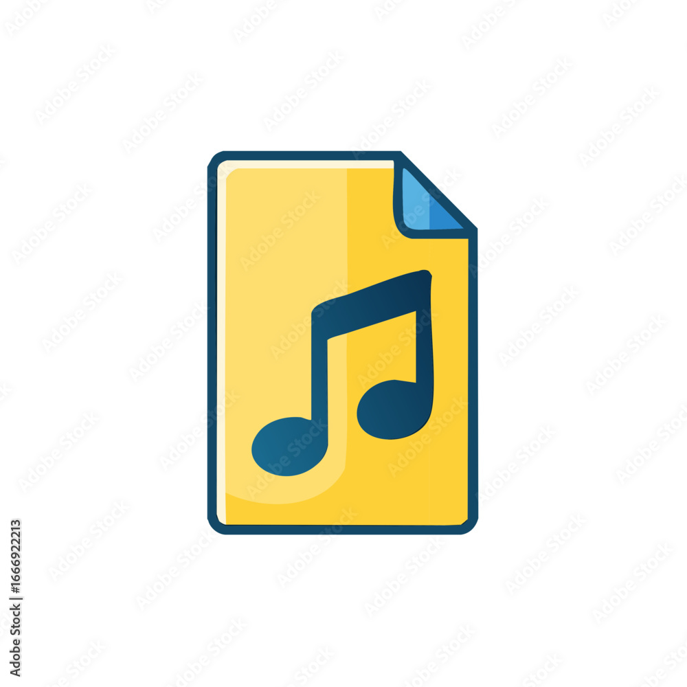Poster music file icon with a note symbol on a yellow document with a folded corner