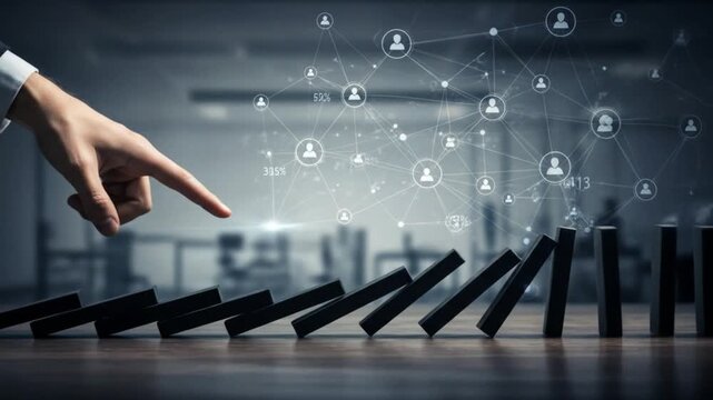 Business concept of chain reaction, teamwork, and cause and effect in a modern office