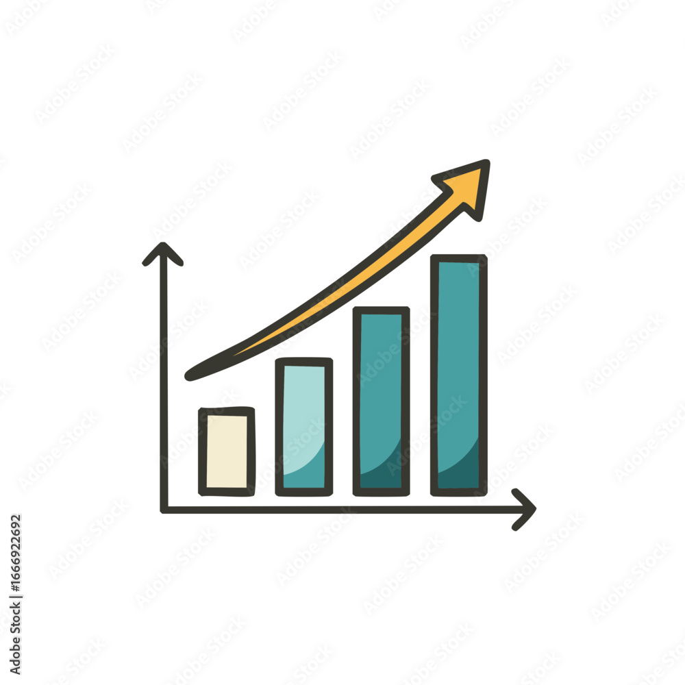 Aufkleber doodle chart showing an upward trend with columns and a golden arrow for business concepts