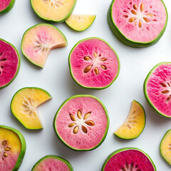 Naklejka premium Colorful overhead view of sliced exotic tropical fruits with vibrant pink and yellow flesh
