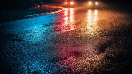 Fototapeta premium Wet Road Reflecting Car Lights at Night