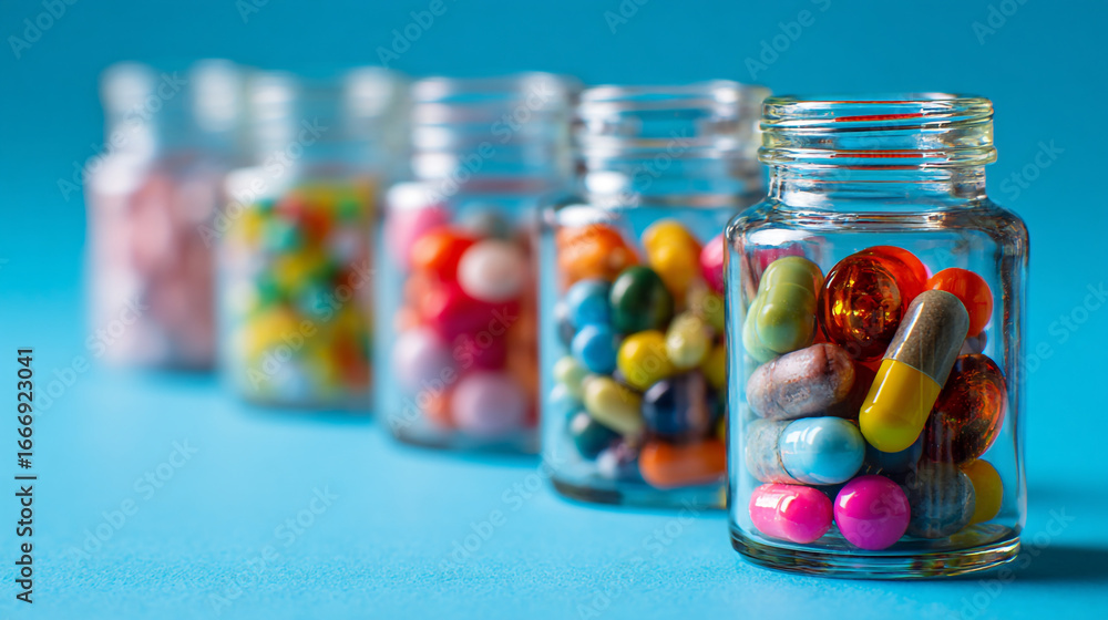 Aufkleber assorted pills and capsules in glass jars arranged on a blue surface in a studio setting close up vi