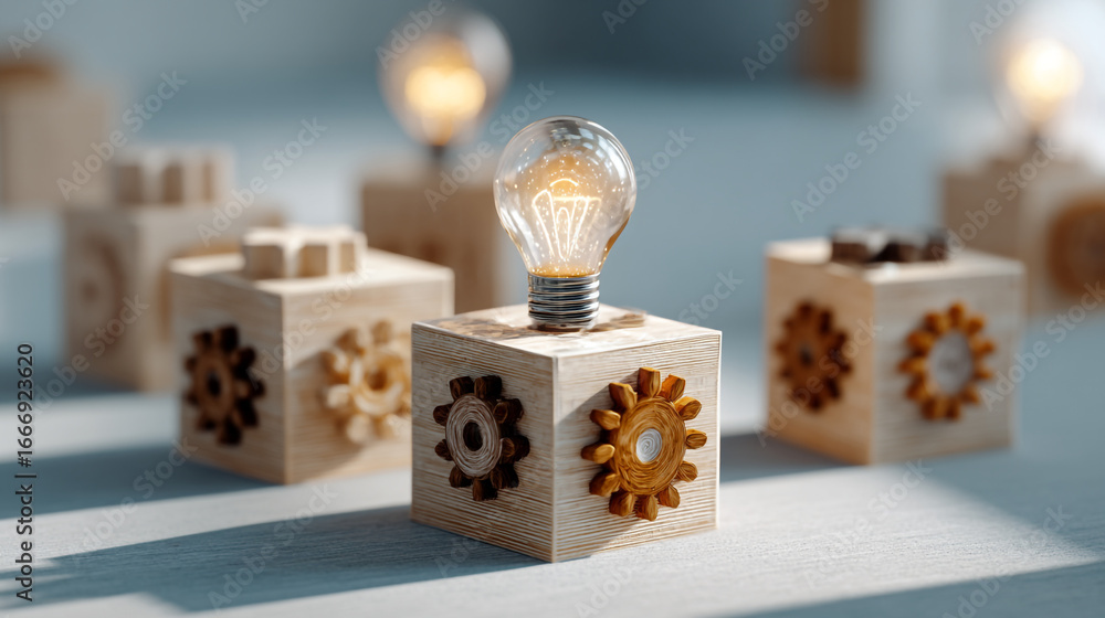 Aufkleber illuminated lightbulb on wooden cube with gears representing ideas and innovation in soft focus sett