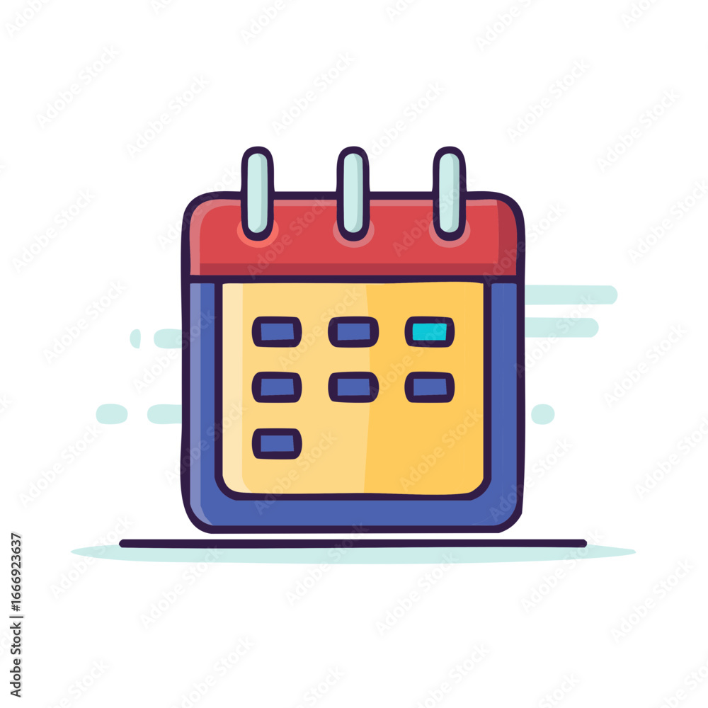 Poster simple cartoon calendar icon with red top and yellow grid for dates