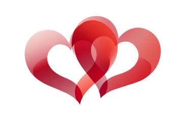 Abstract overlapping red hearts, transparent effect, isolated on white transparent background