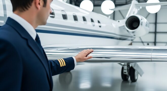 Private Jet Pilot Inspecting Aircraft Wing, Luxury Aviation, Air Travel, Corporate Flight.