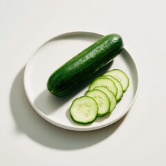 Whole and Sliced Fresh Cucumber on White Plate