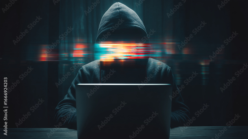 Poster person in a hoodie sitting at a laptop with distorted face in a dark and mysterious setting