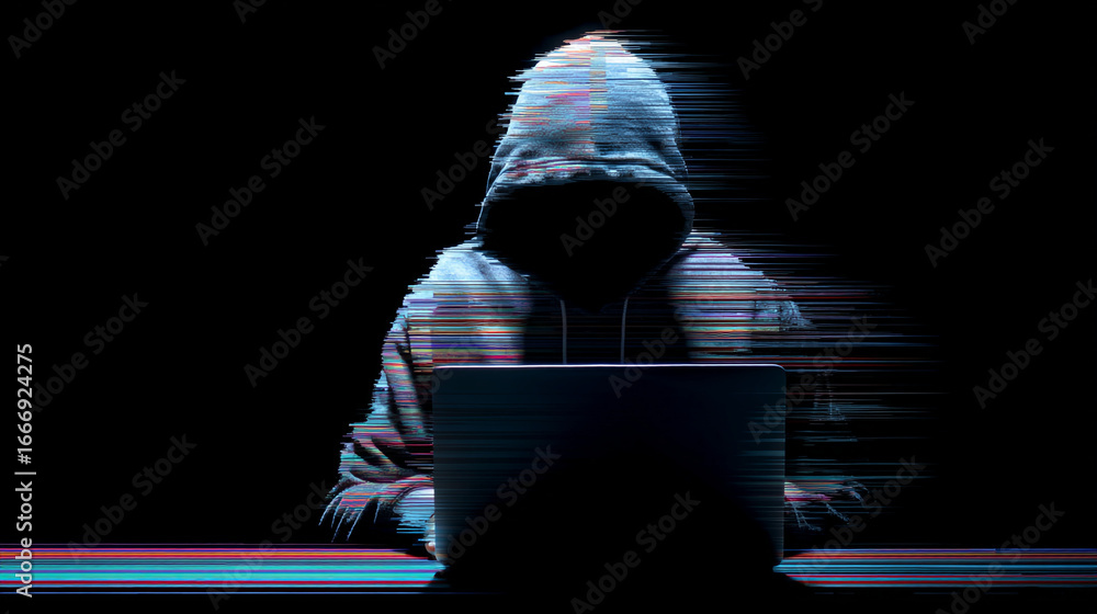 Poster anonymous figure in hoodie using laptop in dark room with digital glitch effect overlaying the image