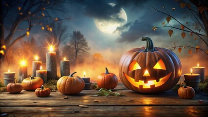 Halloween background with pumpkins and a haunted house. Halloween background with Evil Pumpkin. Spooky scary dark night forest. Holiday event halloween banner background concept