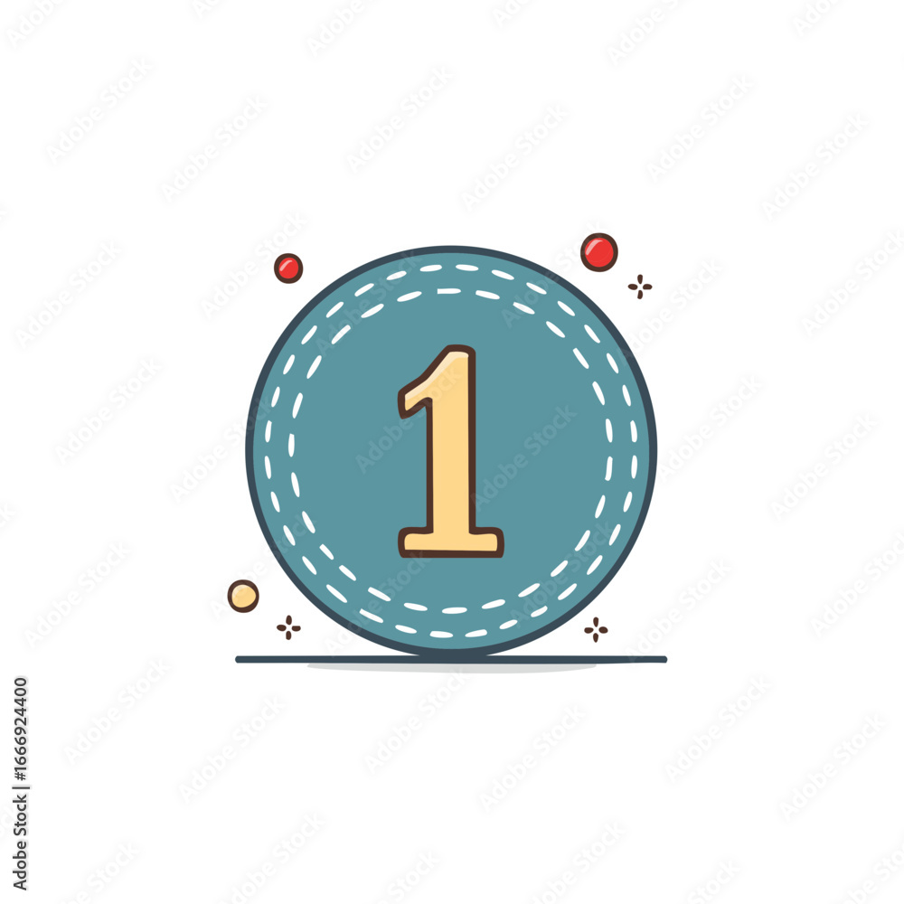 Poster vector illustration of the number one inside a vibrant teal circle with a dashed border and charming