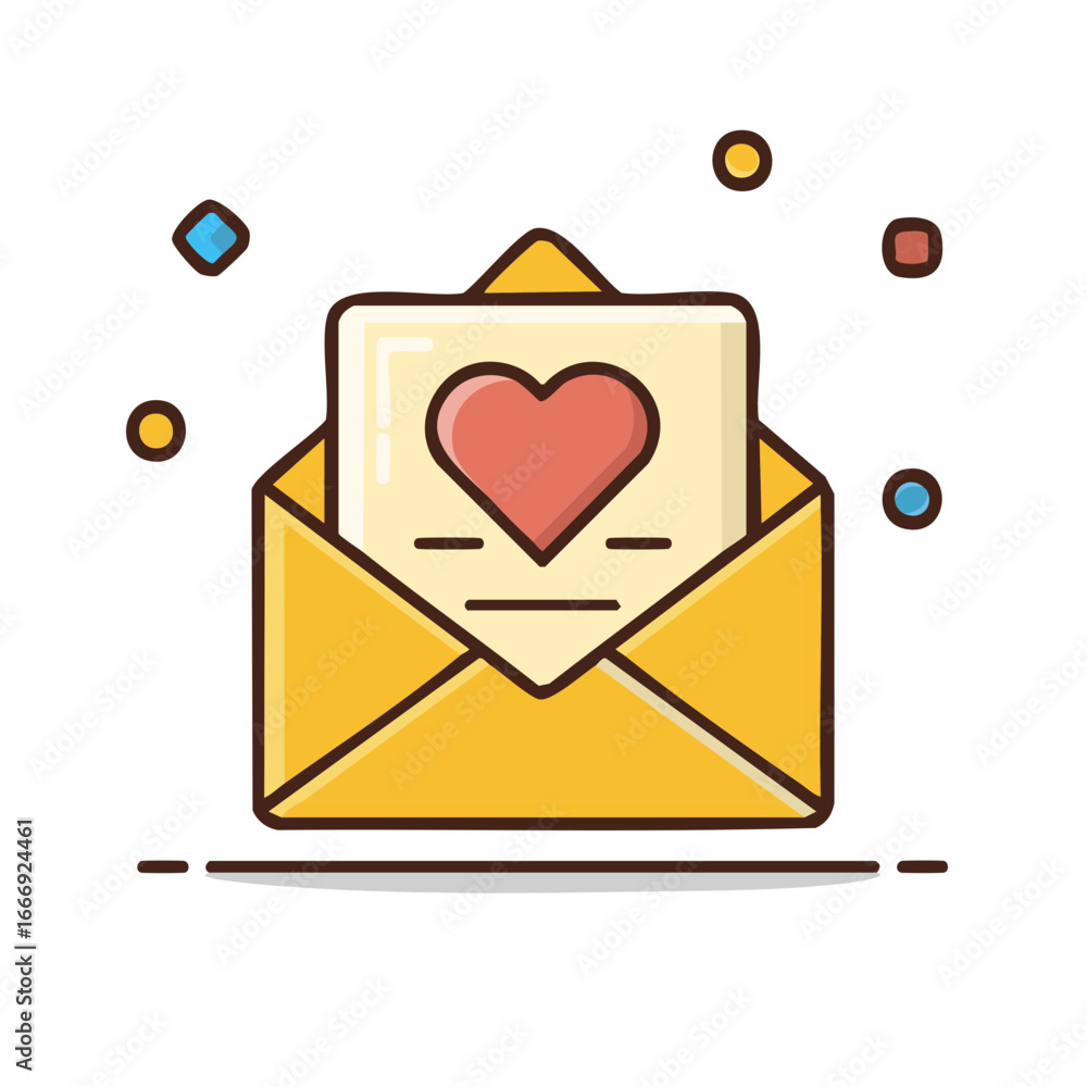Poster yellow open envelope with a love letter inside and small notification icons concept of email communi