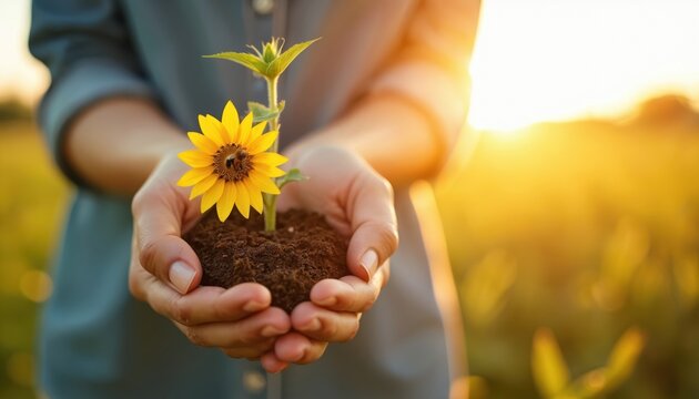 Woman hands cradle young sunflower plant with soil in field at sunset. Delicate plant features small yellow bloom with bee, signifying growth, nature cycle. Soft sunlight illuminates scene, evoking
