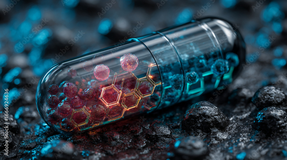 Poster close up of a clear capsule filled with red spheres and glowing hexagonal structures on rough surfac