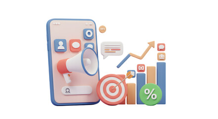 Digital marketing strategy with growth chart and megaphone isolated on transparent background