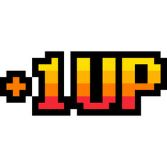 Pixel art 1UP extra life text retro game style, Arcade message 