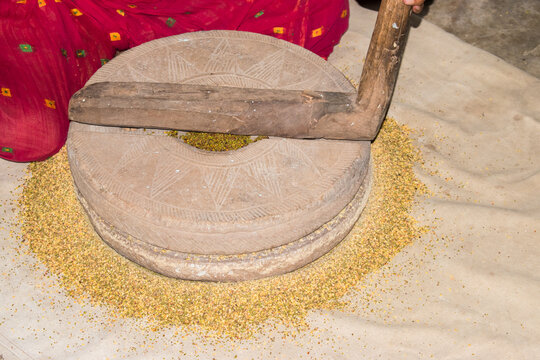 Manual hand stone grinder use to make crush or grind wheat, pulses, corn, millets or grains. 
