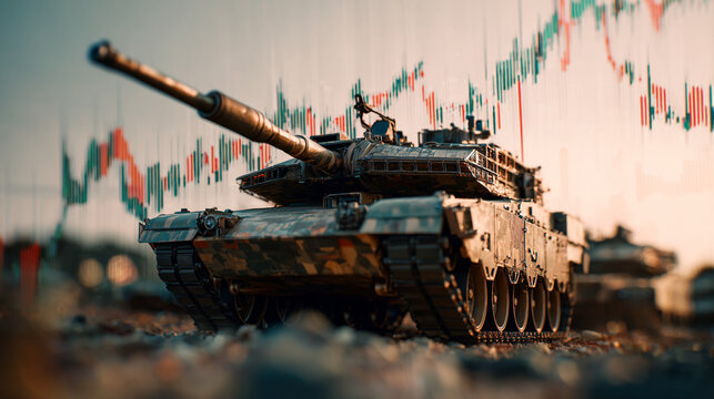 A military tank positioned in front of a financial stock chart with a blurred background view